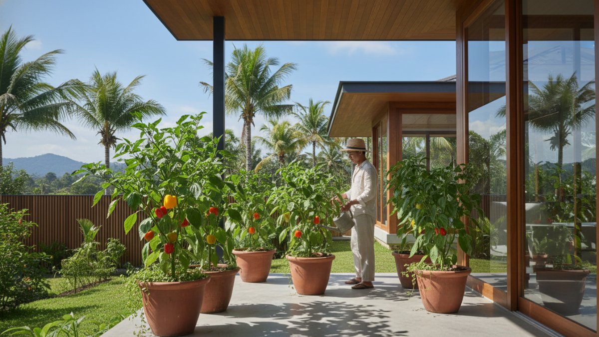 Paprika tumbuh di area terbuka dengan paparan matahari cukup