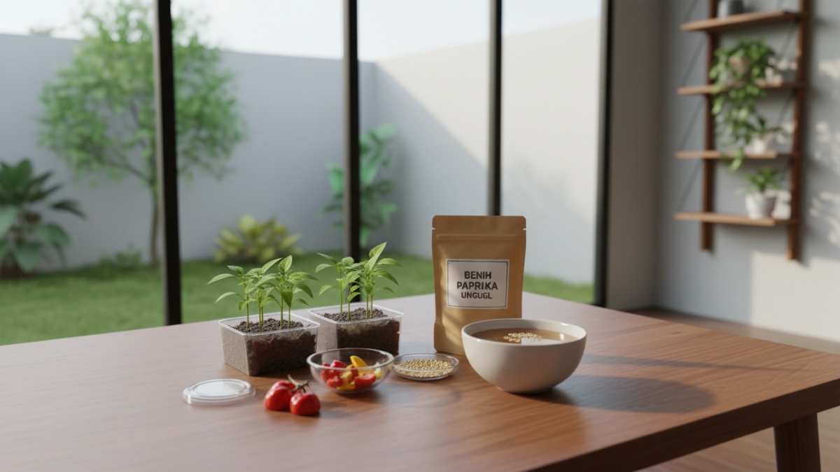 Proses penyemaian biji paprika di tray semai lembap
