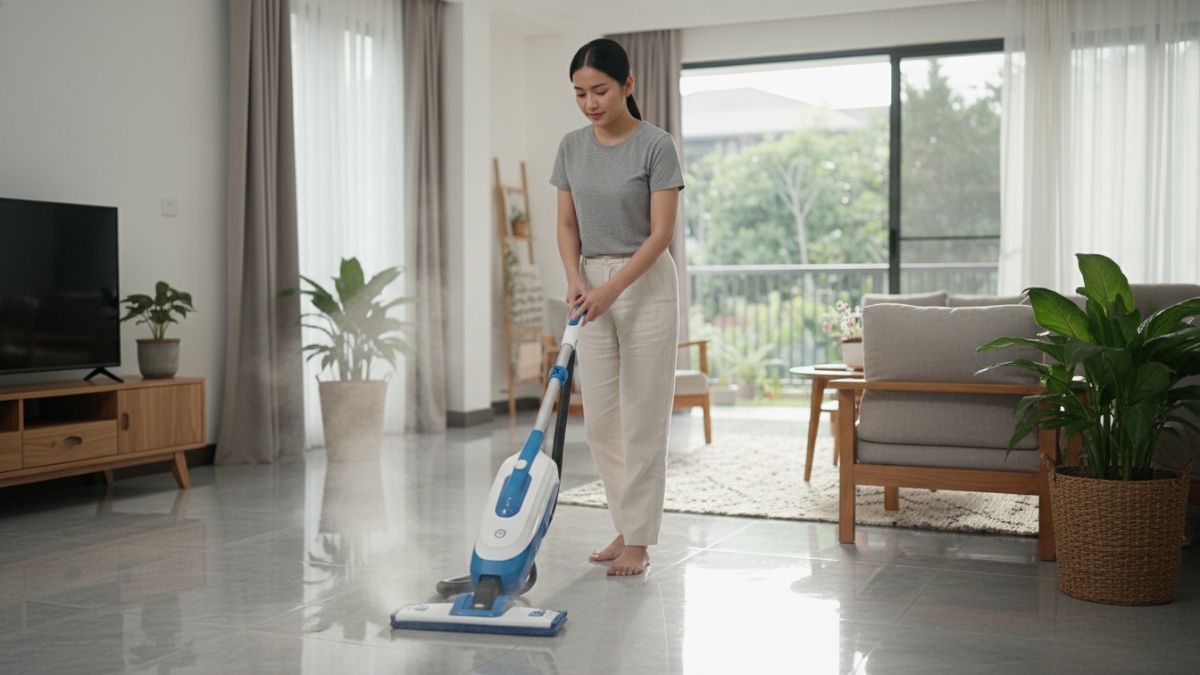 penggunaan steam mop di lantai keramik rumah modern, solusi bersih tanpa bahan kimia.