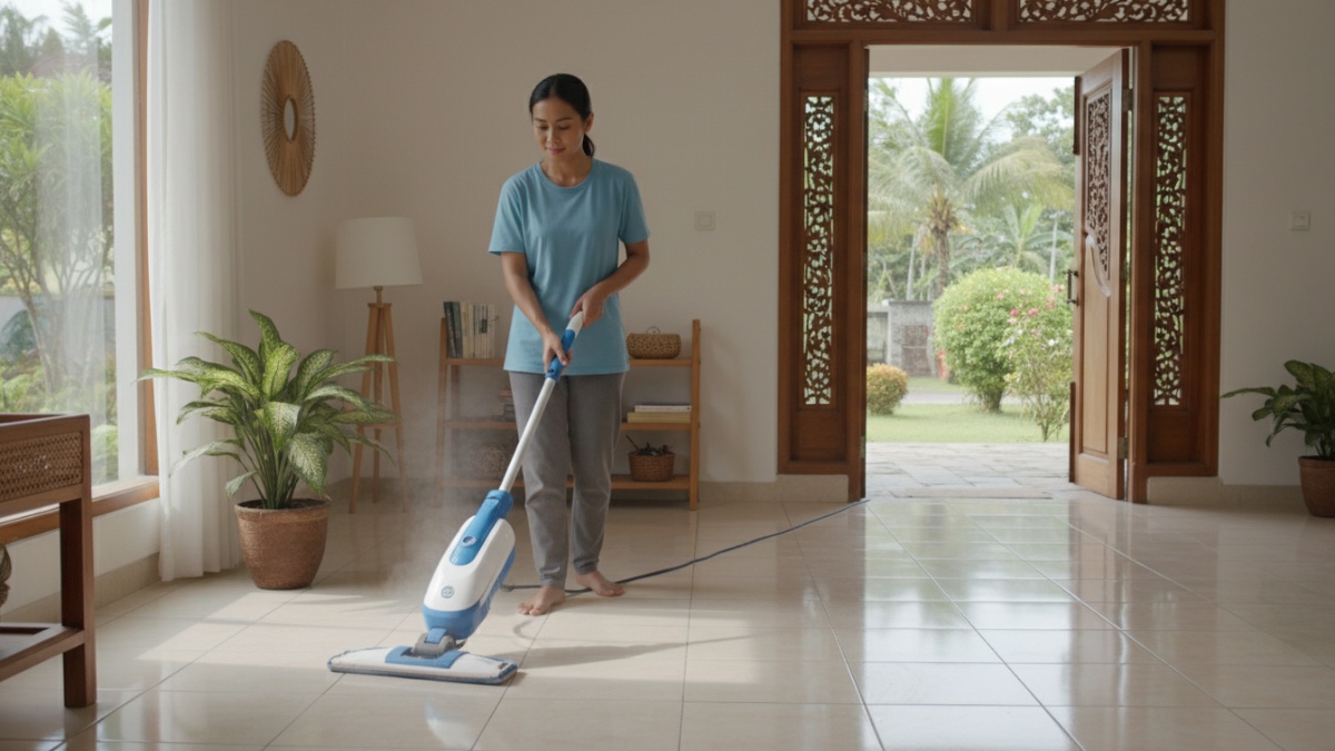 Teknik gerakan sistematis steam mop dari sudut ruangan.