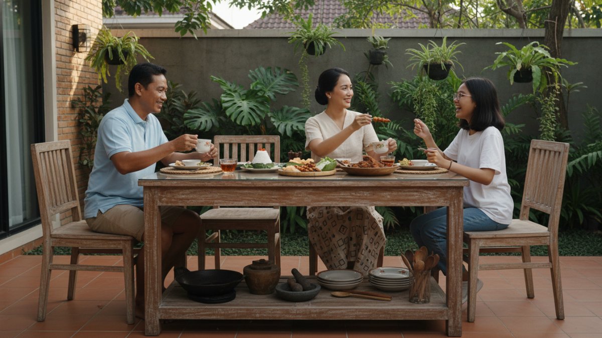 Ukuran meja outdoor dengan rak bawah untuk penyimpanan alat masak.