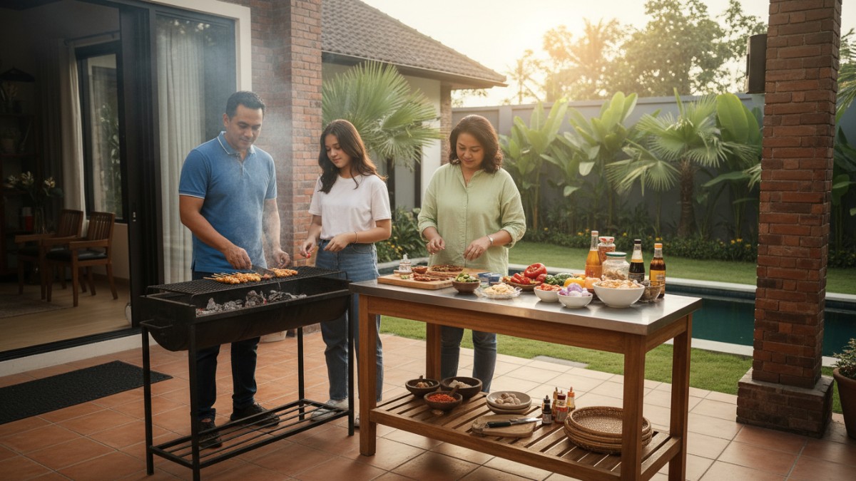Penataan meja prep dekat grill untuk efisiensi memasak.