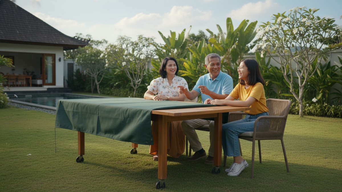 Meja outdoor dengan roda dan penutup pelindung saat tidak digunakan.