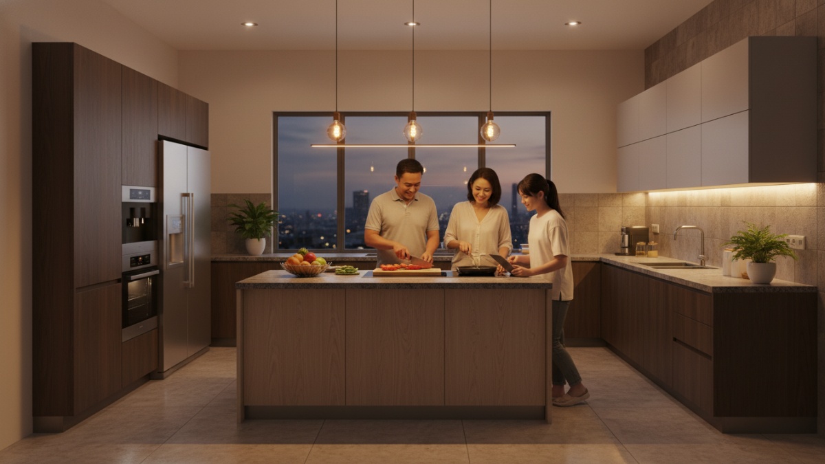 Dapur modern dengan pencahayaan hangat 2700&ndash;3000 Kelvin untuk aktivitas malam yang nyaman dan produktif.