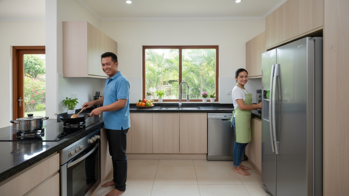 Tata letak kitchen work triangle antara kompor, wastafel, dan kulkas.