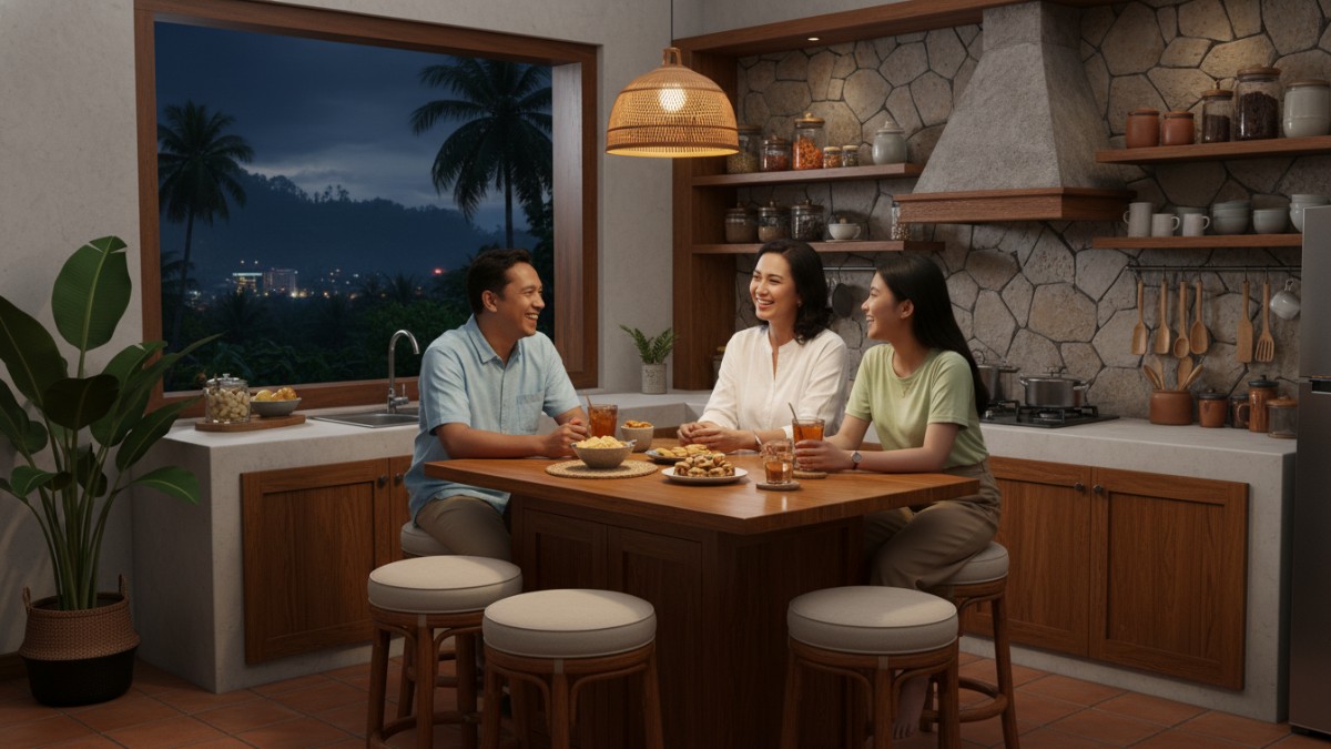 Island kecil dengan bangku empuk sebagai area relaksasi dapur malam.