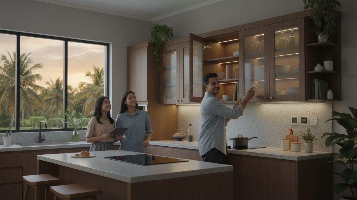 Engsel soft-close dan lampu pintar untuk dapur rendah kebisingan.