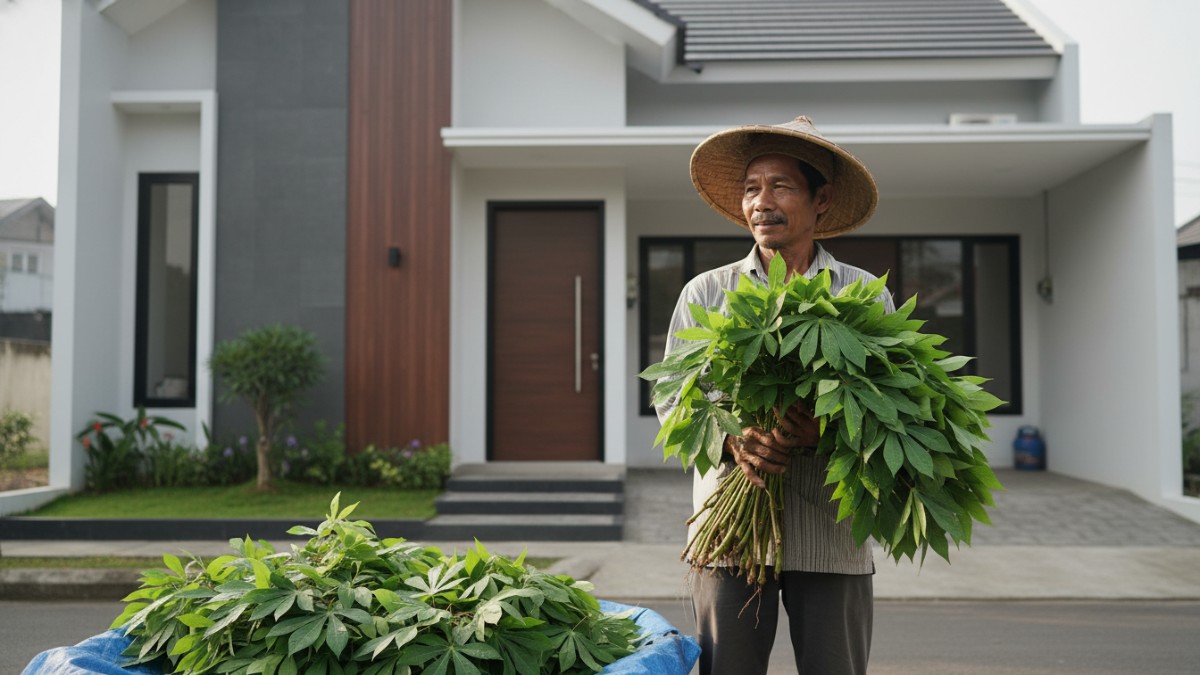 Daun singkong segar hasil panen kebun siap diproses sebagai pakan.
