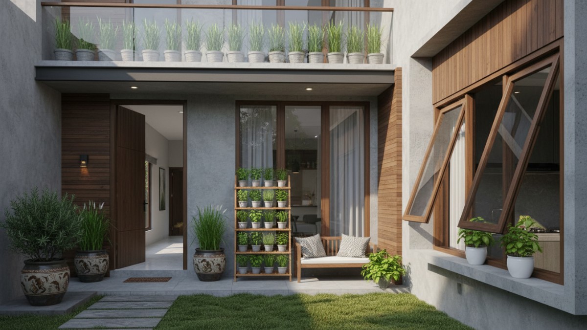 Pot basil dan mint di dapur dekat jendela rumah, Susunan rak tanaman herbal di balkon sempit