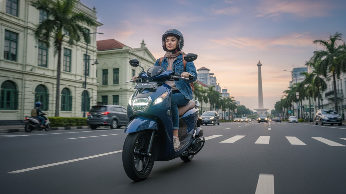 Skuter Yamaha Grand Filano Hybrid Connected digunakan di jalan kota sebagai simbol mobilitas praktis.