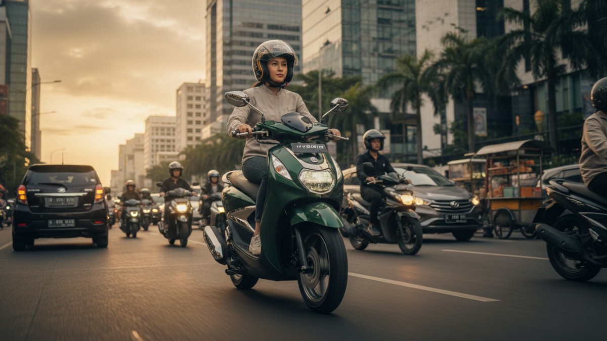Tampilan skuter modern di tengah lalu lintas perkotaan padat