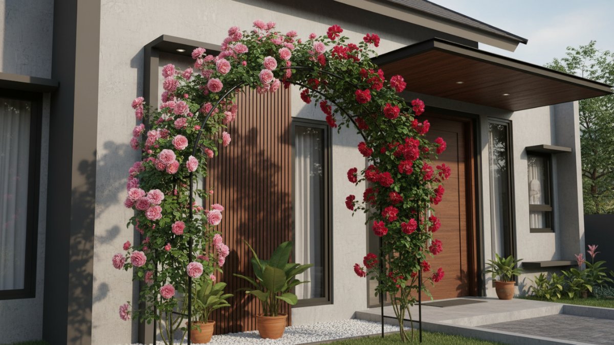 Bibit climbing roses ditanam di sisi lengkungan dengan jarak ideal