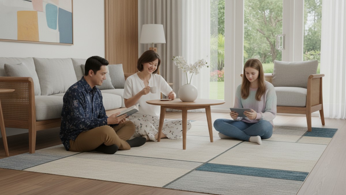 Karpet area modern di ruang tamu stylish, memberikan kenyamanan dan estetika
