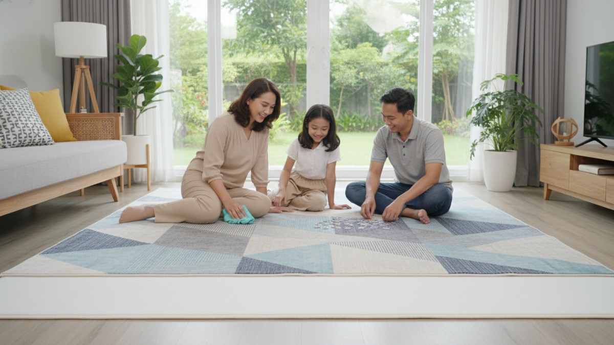 Karpet washable dan anti-slip dengan alas tambahan untuk keamanan dan kemudahan perawatan rumah