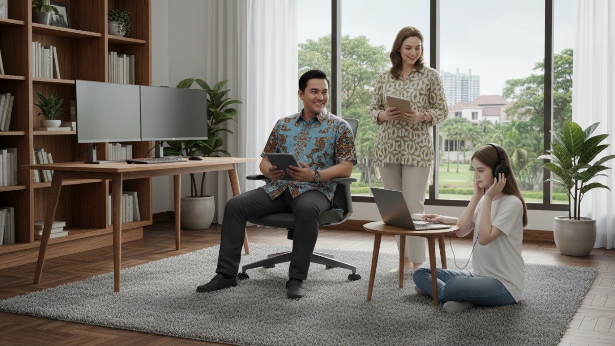Karpet low-pile di ruang kerja rumah mempermudah pergerakan kursi dan aktivitas sehari-hari