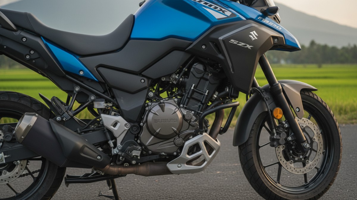 Tampilan mesin 249 cc Suzuki V-Strom 250 SX dengan desain tangguh untuk perjalanan harian.