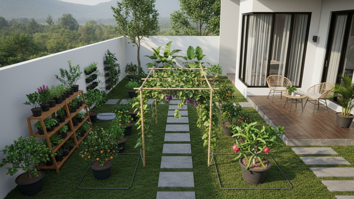Gambar utama: Kebun buah mini di halaman sempit dengan pot dan teralis tampak rapi produktif Cess