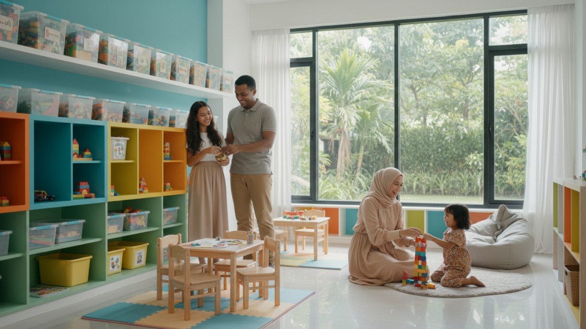 Playroom anak modern dengan rak warna-warni, wadah transparan, dan zona aktivitas berbeda yang rapi dan menarik