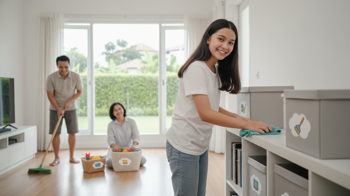 Label di level mata anak membuat aktivitas bersih-bersih jadi menyenangkan dan edukatif Cess