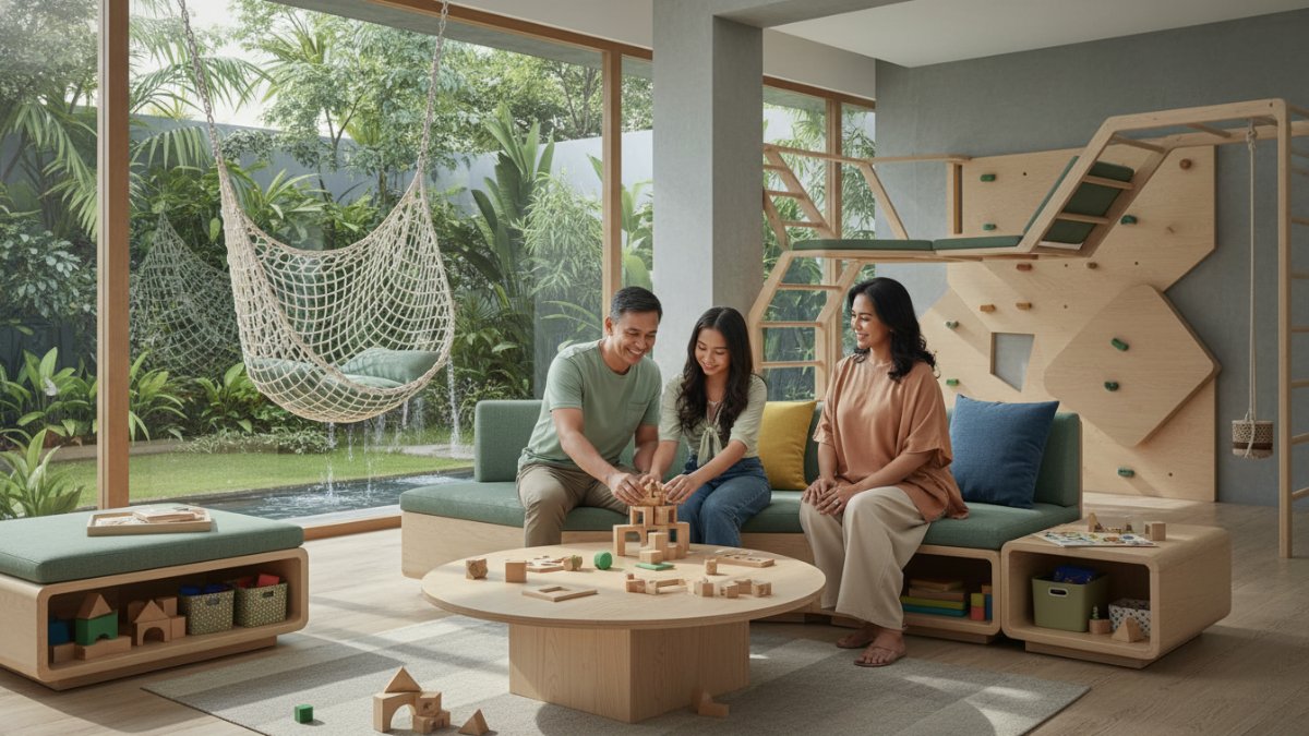 Zona bermain berbeda dan furnitur multifungsi meningkatkan kreativitas sekaligus estetika ruang