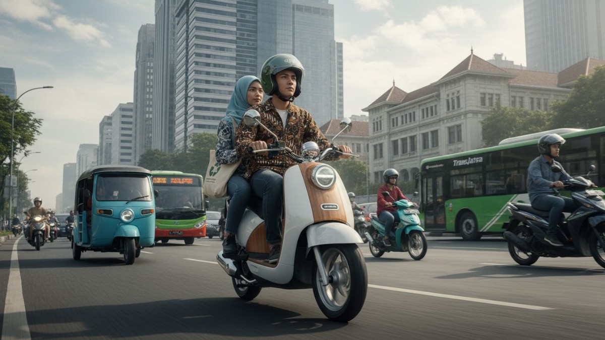 Aktivitas berkendara harian menggunakan motor listrik di perkotaan.