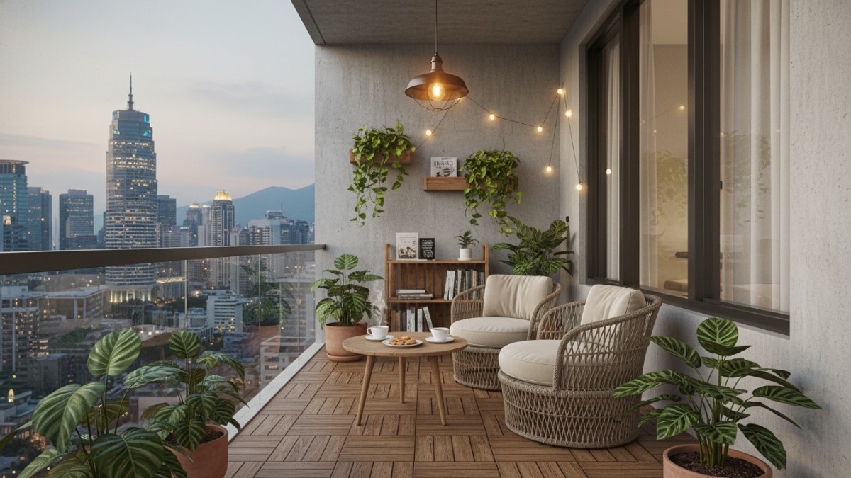 Balkon kecil disulap jadi spot duduk santai bergaya kafe dengan meja bistro dan lampu hangat