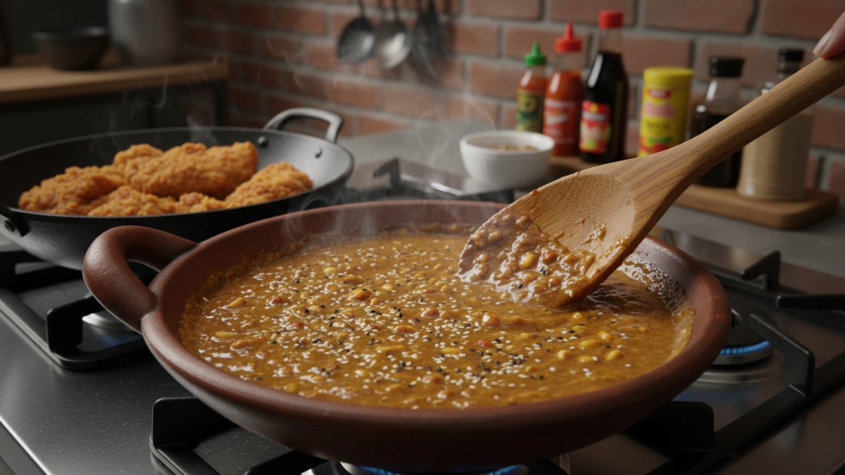 Saus kacang wijen sedang dimasak hingga mengental, siap dituangkan ke ayam supaya menempel sempurna Cess!
