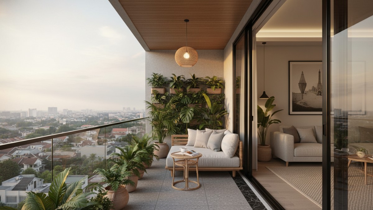 Contoh balkon mini rumah dijadikan area duduk santai estetik