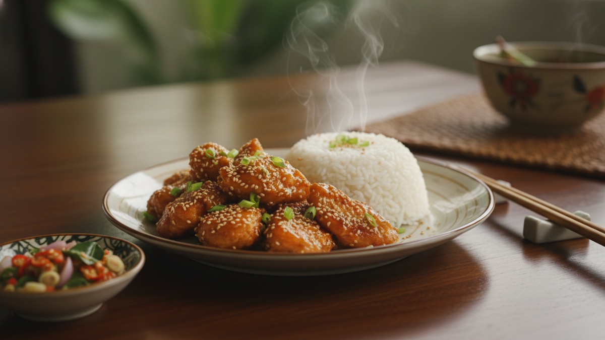 Hidangan sesame chicken disajikan dengan nasi hangat dan taburan wijen panggang, membuat meja makan makin menggoda