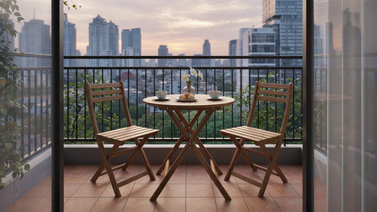 Furnitur lipat dan meja bistro di balkon sempit hemat ruang