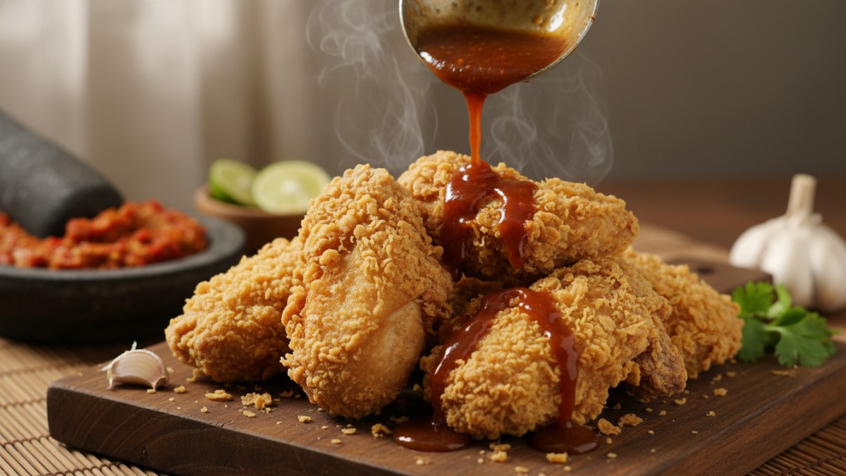 Ayam digoreng dengan teknik double-coating hingga kulit emas renyah, trik penting agar juicy Cess!