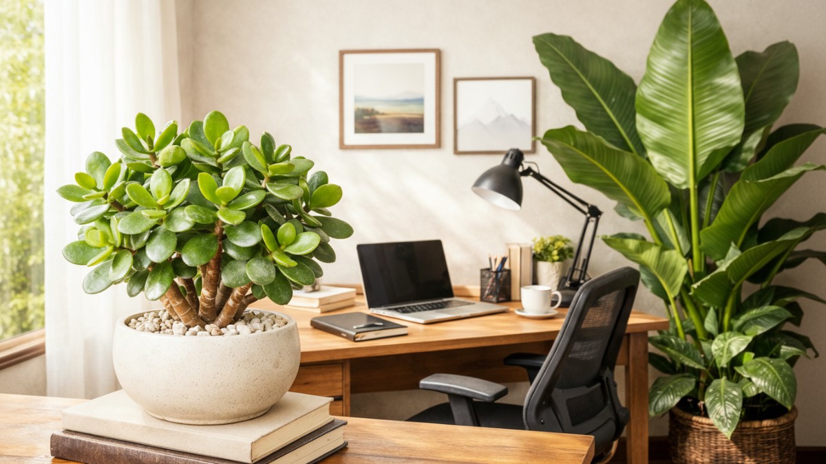 Sudut tenggara rumah dengan pot jade plant dan tanaman hias berdaun lebar sebagai simbol pertumbuhan finansial.