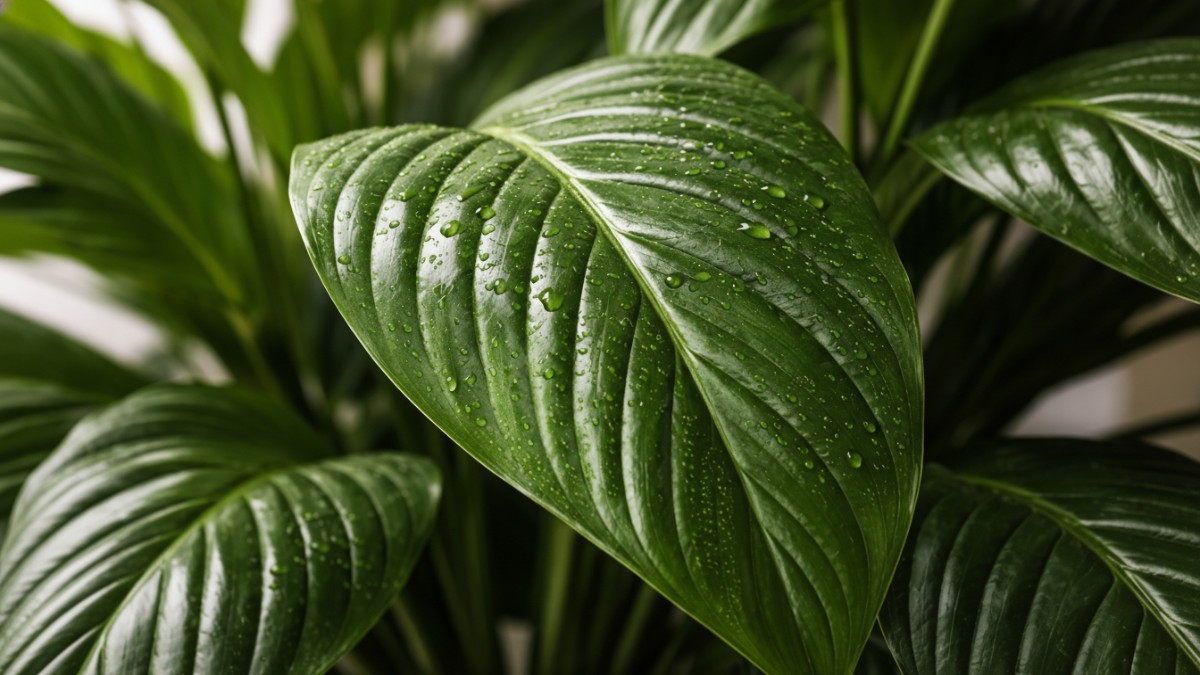 Close-up daun peace lily yang bersih tanpa debu, menunjukkan perawatan rutin.