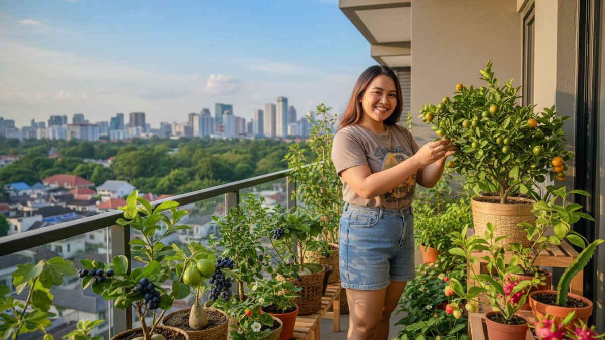 Balkon hunian modern dengan deretan pot mini berisi jeruk dan stroberi, ilustrasi urban farming produktif.