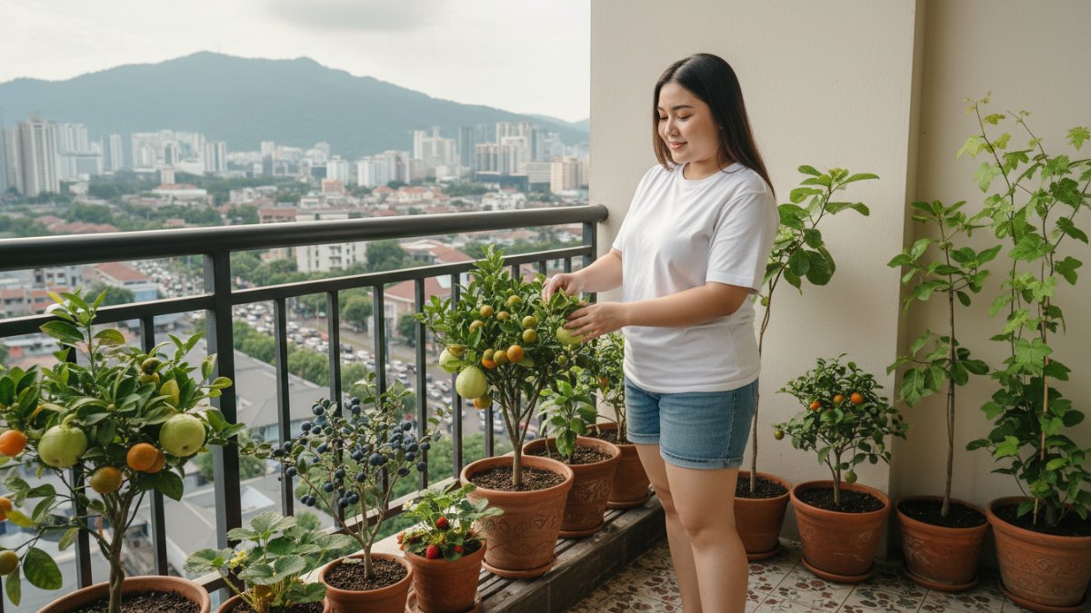 Tanaman buah dalam pot yang dipangkas rapi dengan cahaya matahari merata.