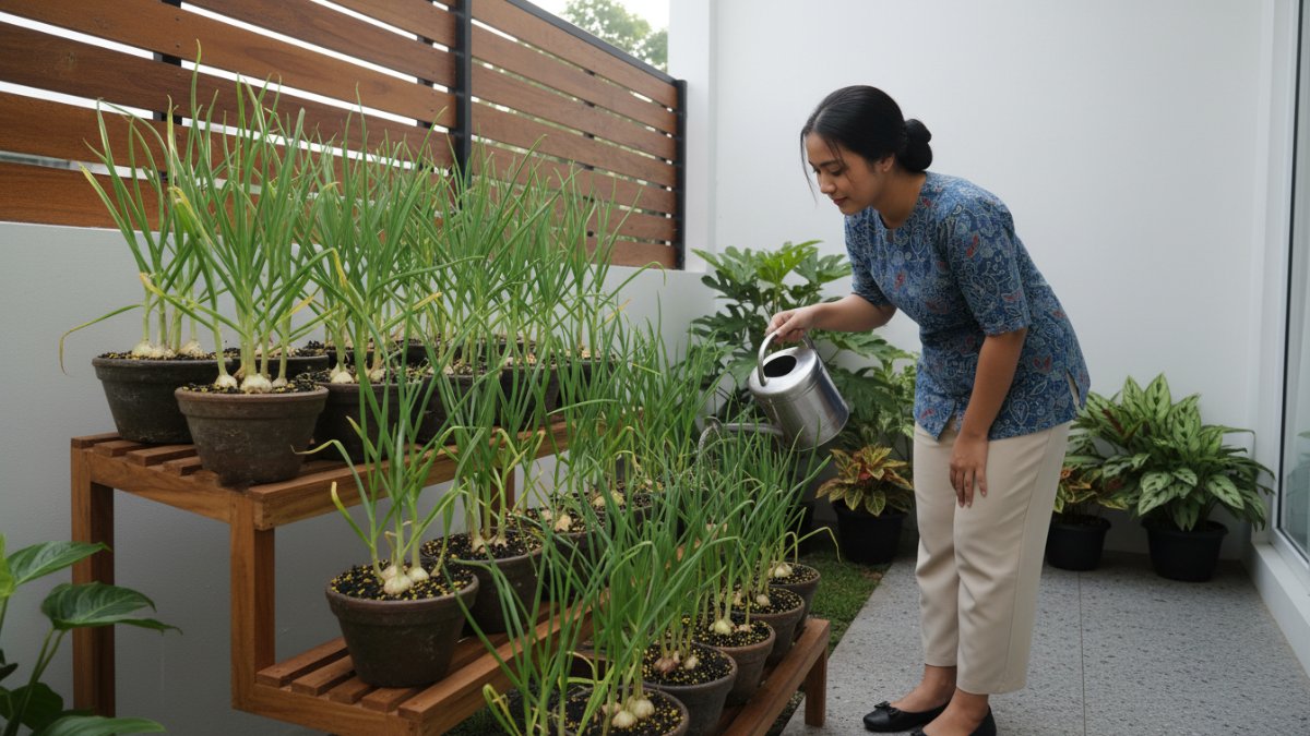 pot berisi bawang putih tumbuh subur di teras rumah, solusi dapur hijau praktis.