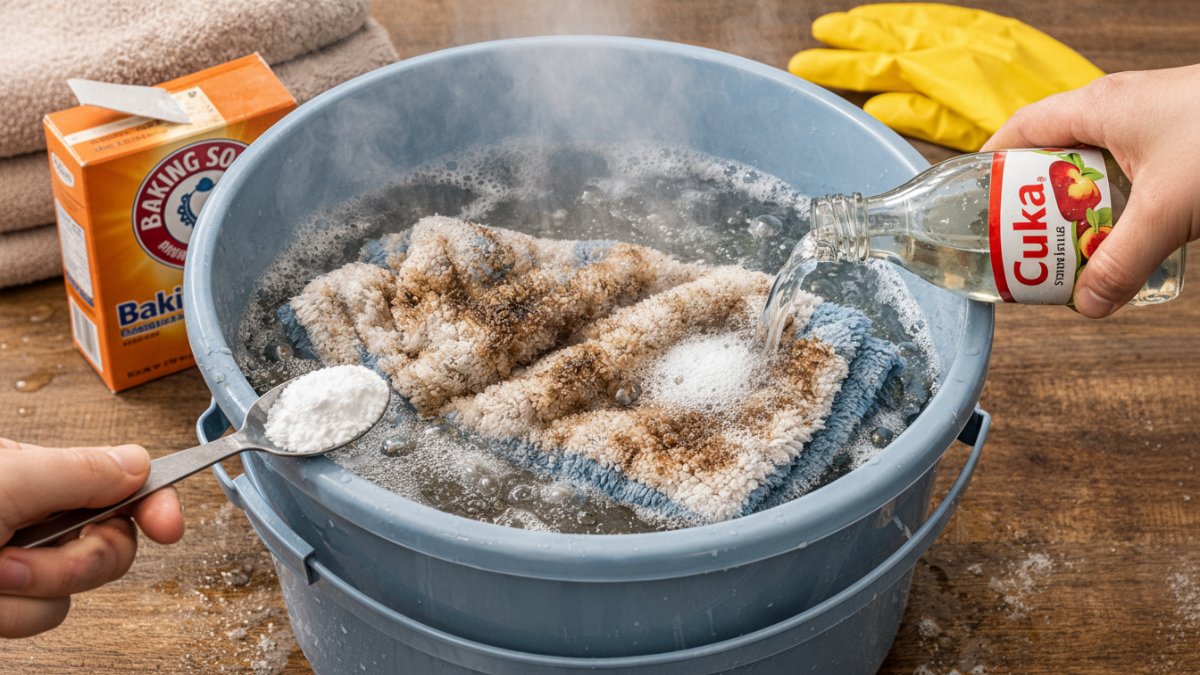 Perendaman kain pel dalam air hangat dengan baking soda dan cuka untuk angkat noda membandel.