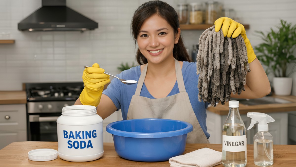 Seorang wanita menyiapkan campuran baking soda dan cuka untuk membersihkan kain pel yang kotor di dapur.