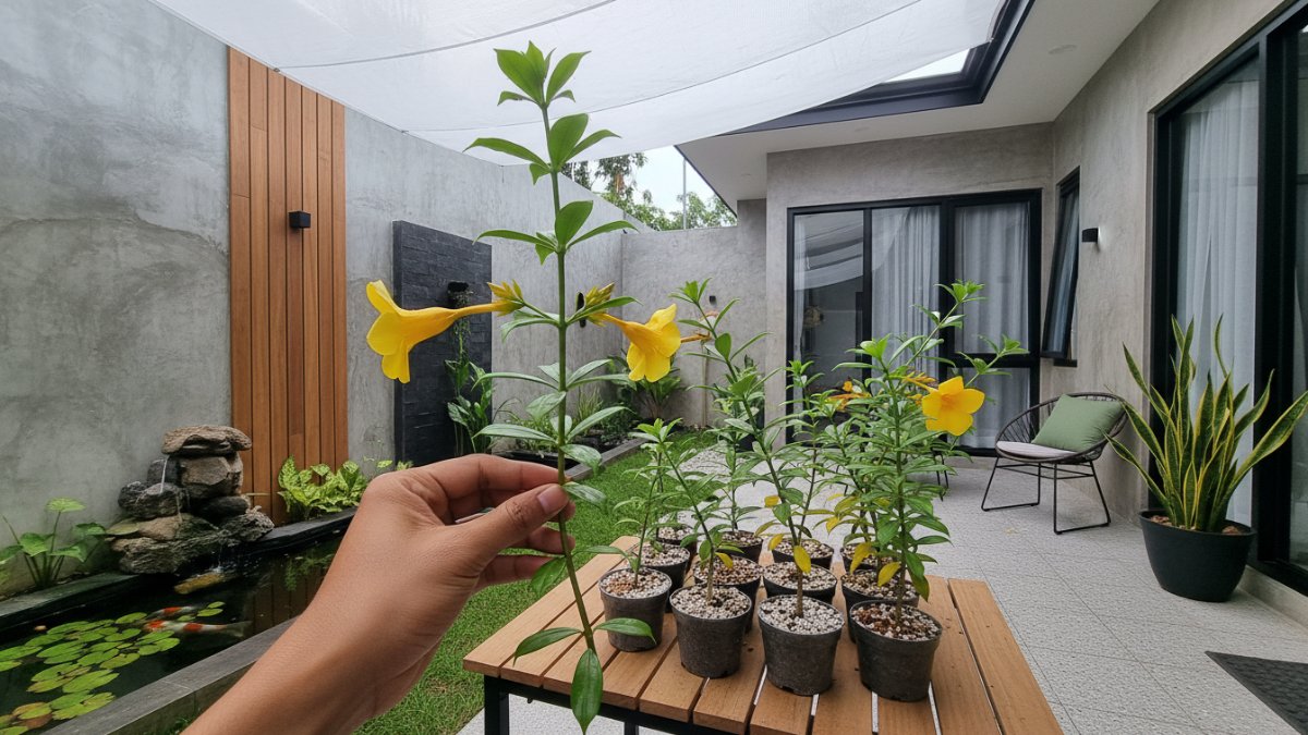 Proses stek batang Alamanda di media lembap untuk perbanyakan cepat.