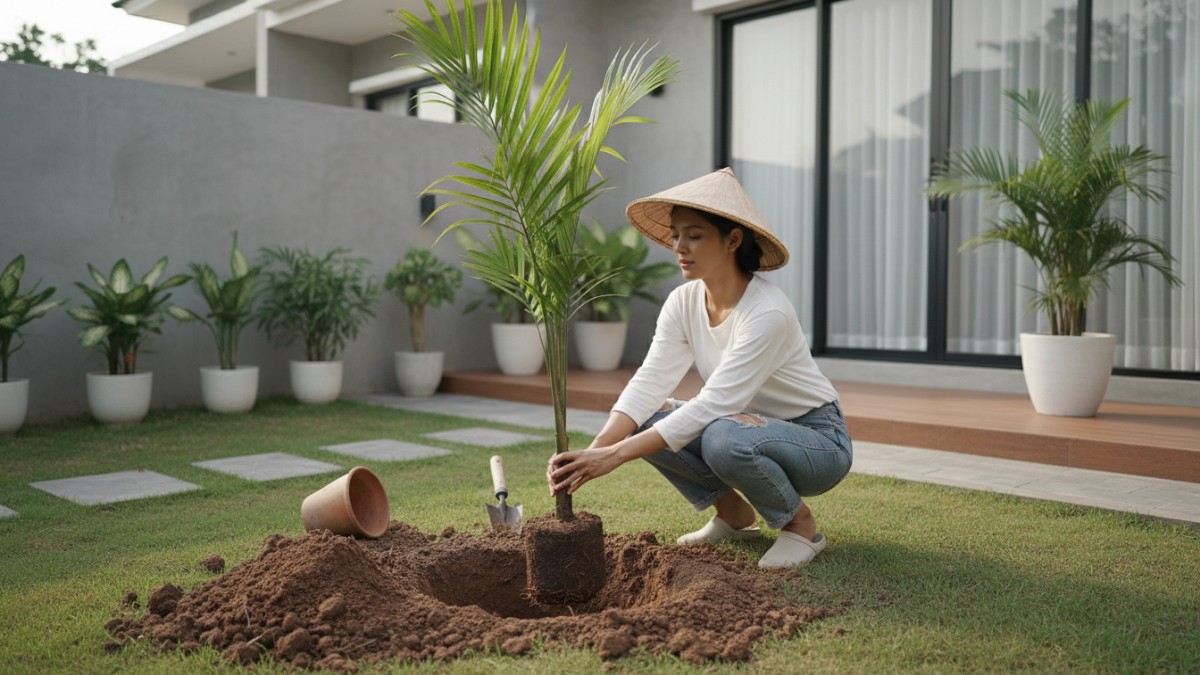 Proses penanaman palem di lubang tanam dengan posisi akar sejajar tanah