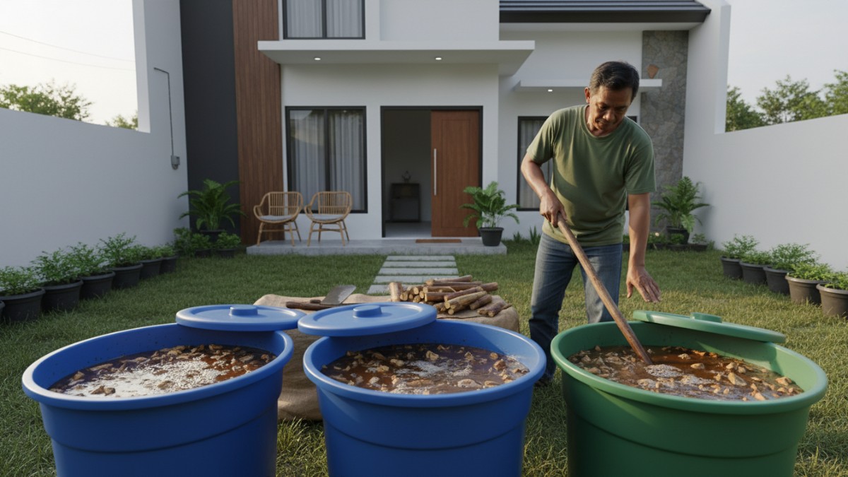 Proses fermentasi batang pisang dalam tong plastik untuk membuat pupuk organik alami.