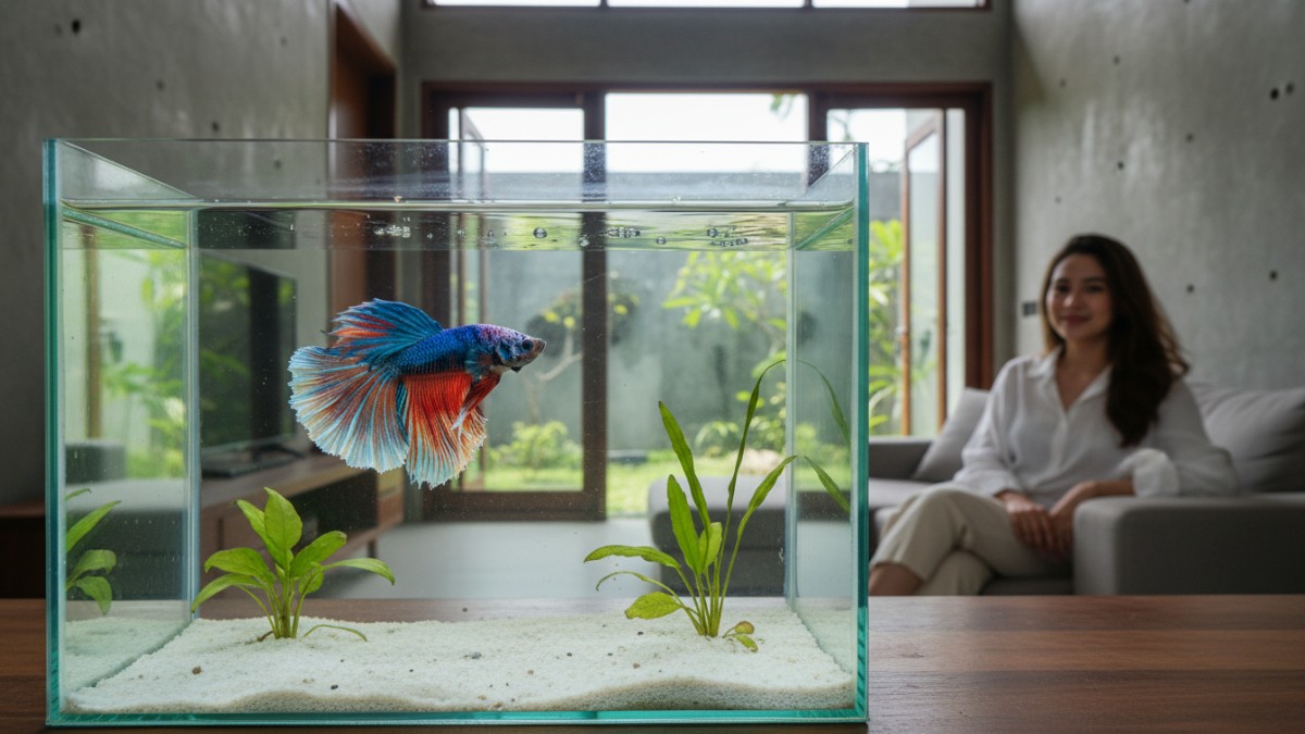 Ikan cupang premium dengan warna cerah dan sirip lebar di dalam akuarium bersih.