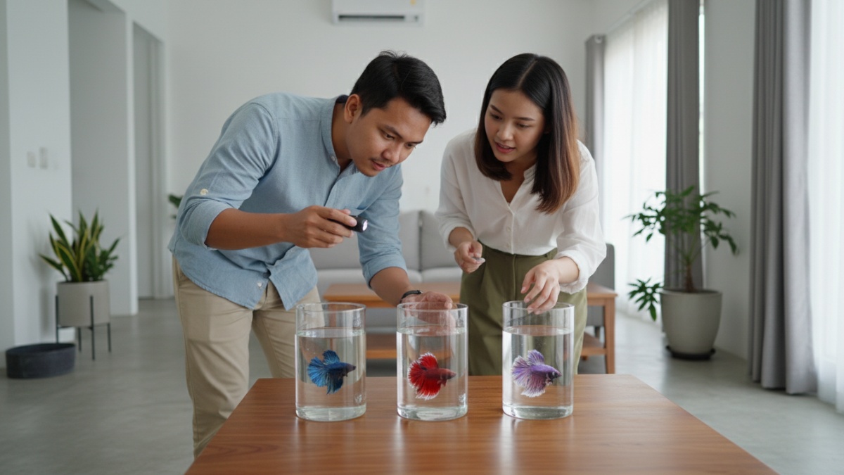 Pemeriksaan kondisi sirip dan warna ikan cupang sebelum dibeli.