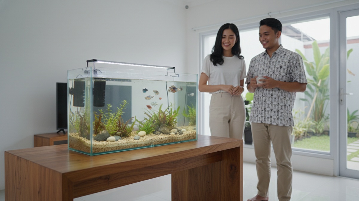 Setup akuarium 10 liter dengan filter lembut dan pemanas air kecil.
