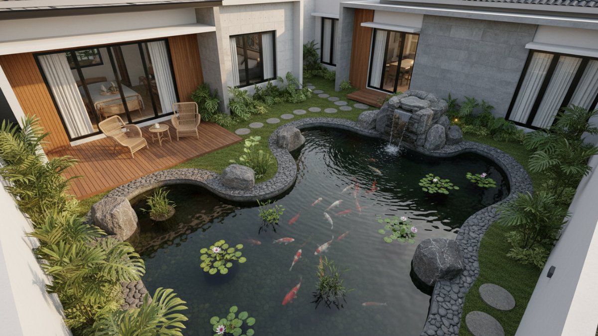 Gambar Utama: Kolam ikan batu alam di taman rumah dengan susunan batu alami dan air jernih jadi fokus visual