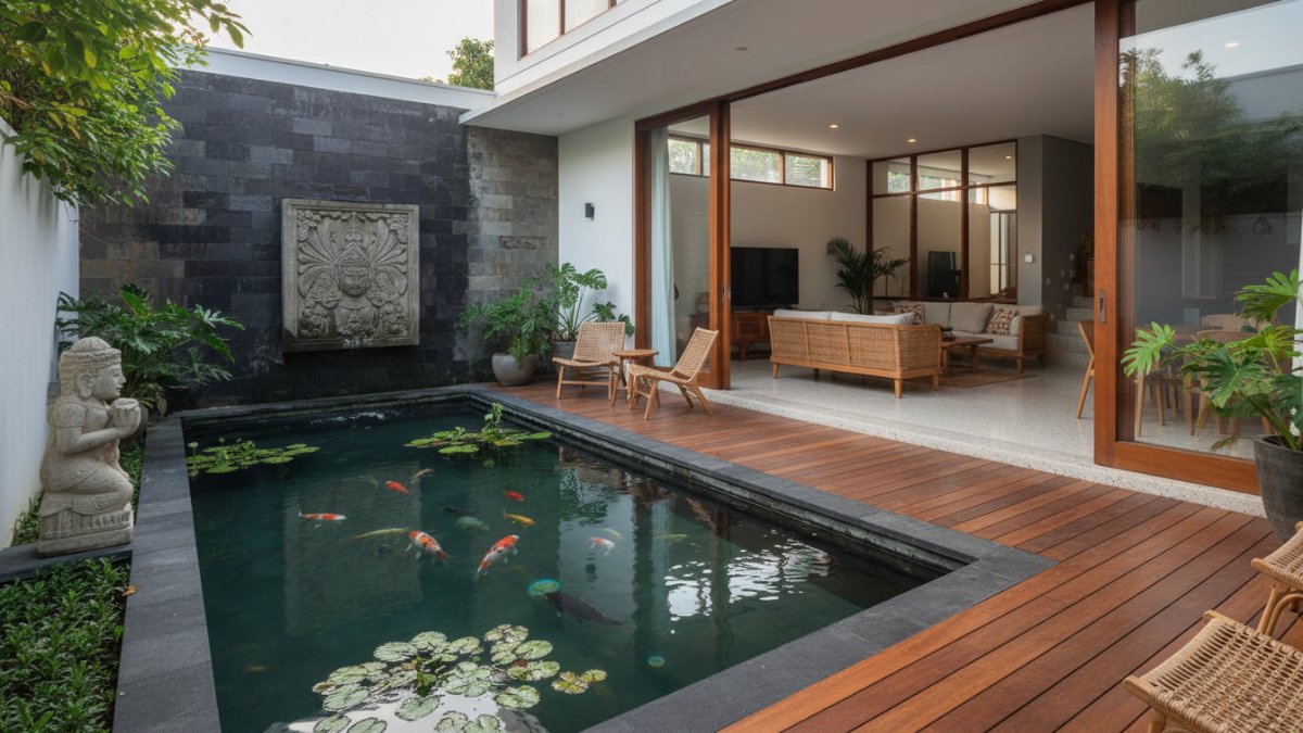 Area taman dengan titik lokasi kolam terlihat dari teras rumah