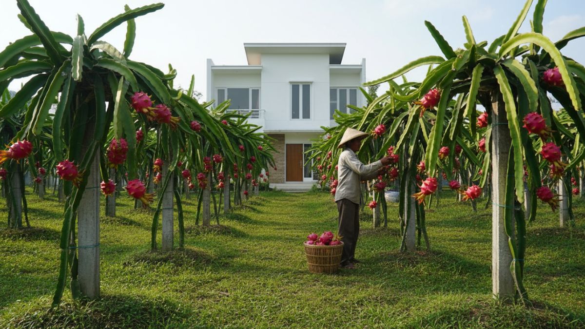Tanaman buah naga merambat di tiang penopang dengan buah matang siap panen di kebun terbuka.