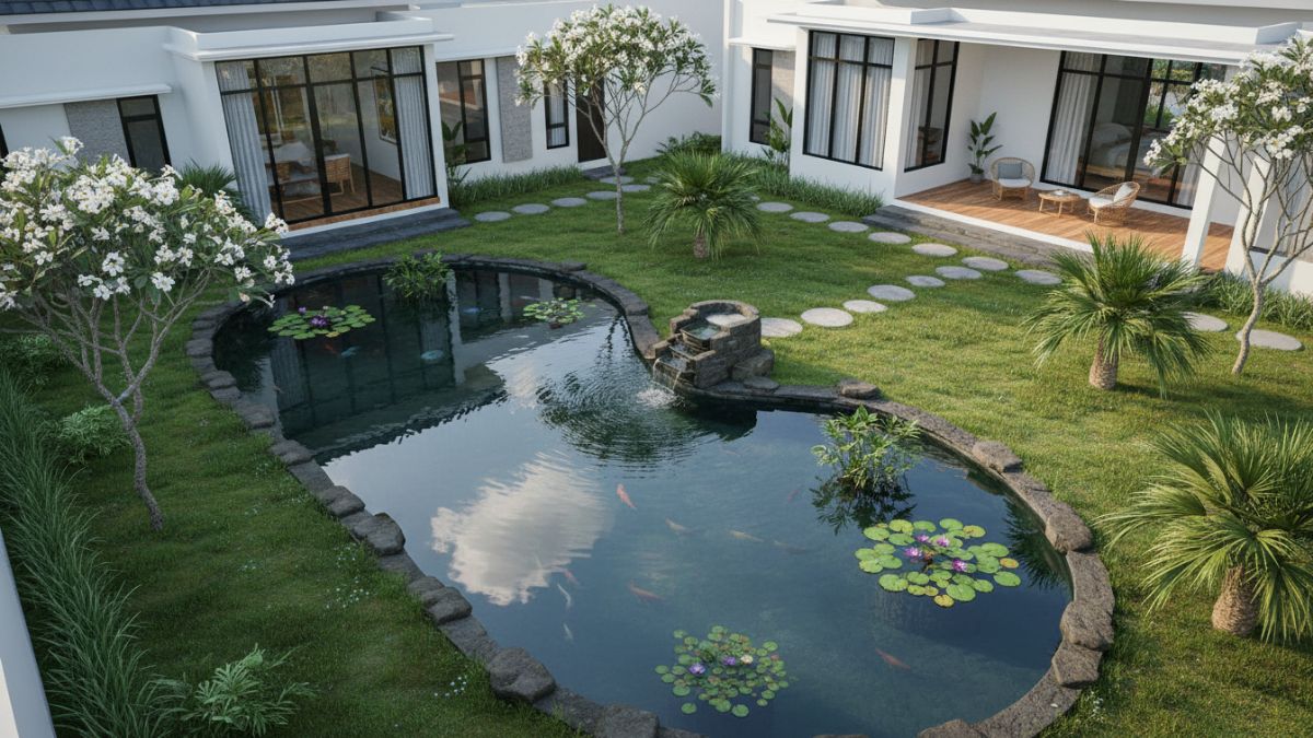 Contoh bentuk kolam minimalis dan asimetris di halaman