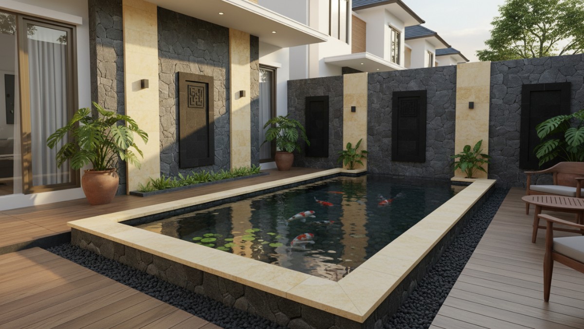 Variasi batu andesit dan batu kali di tepi kolam