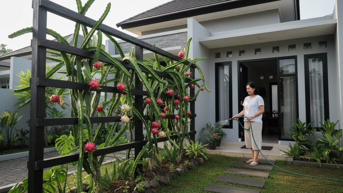 Struktur trellis kuat menopang batang buah naga yang merambat.